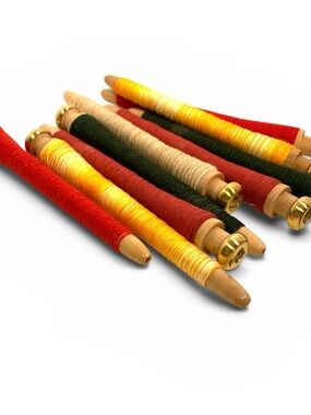 Vintage Wood Bobbins Thread Textile Polished Brass Tips Factory Reclaimed Set-9